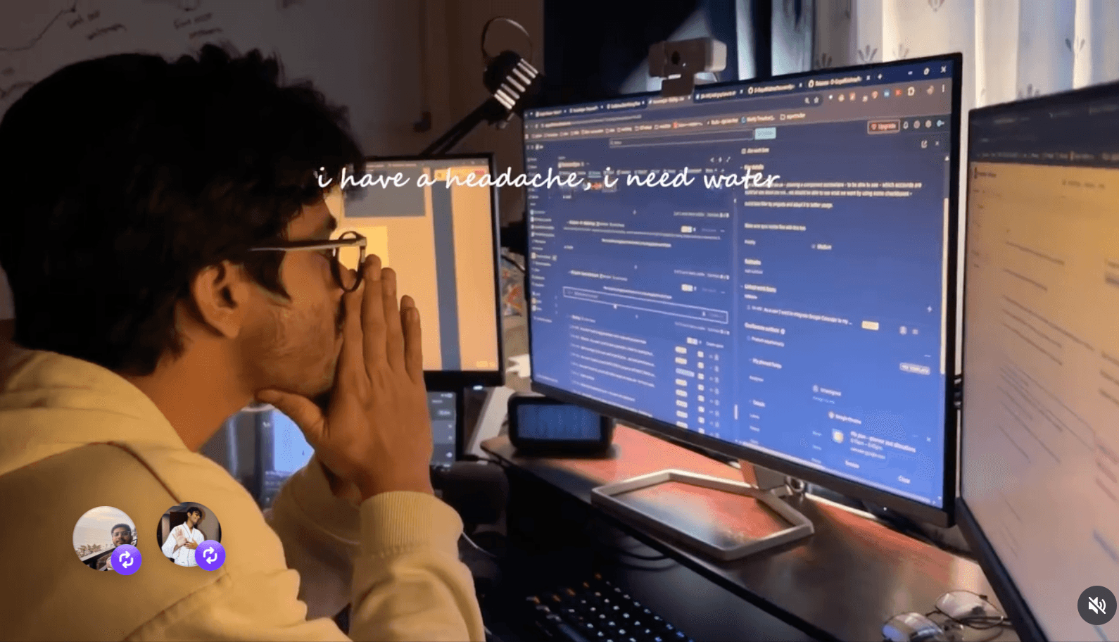 At a desk in front of monitors